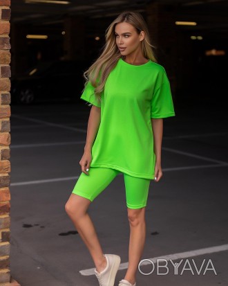 Костюм женский модный футболка оверсайз и велосипедки зеленый.
Данный комплект с. . фото 1