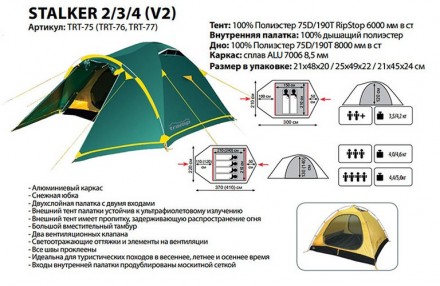 Туристическая палатка Tramp Stalker 4 (V2); 4-х местная. Удобная универсальная к. . фото 7