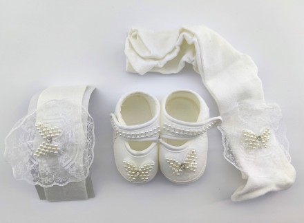 
Нарядная обувь пинетки, колготы и повязка для девочки. Сделаны из натуральной т. . фото 3