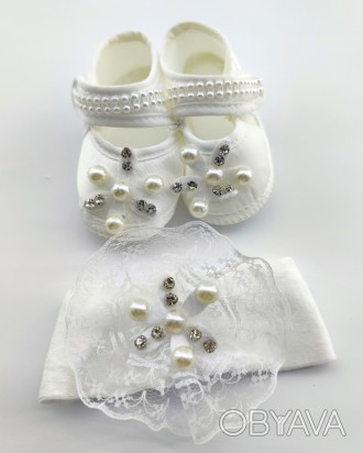 
Нарядная обувь пинетки и повязка для девочки. Сделаны из натуральной ткани укра. . фото 1