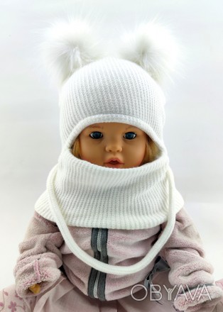 
Тепла в'язана дитяча шапка на зав'язках. Дуже приємна, м'яка і тепла тканина. Д. . фото 1