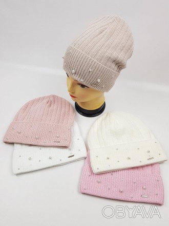  Польские демисезонные вязаные шапки на трикотажной подкладке для девочек оптом,. . фото 1