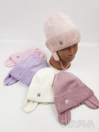 Дитячі польські демісезонні в`язані шапки на трикотажній підкладці для дівчат оп. . фото 1