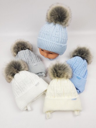 Детские польские зимние вязаные шапки на флисе с завязками и помпоном оптом для . . фото 2