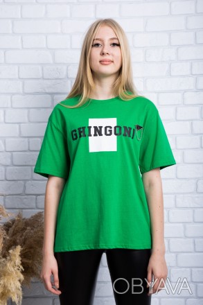 
Оригинальная женская футболка зеленого цвета с принтом в виде надписи. Футболка. . фото 1