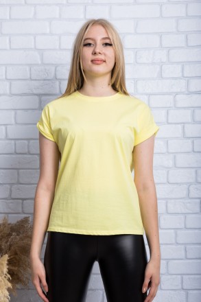 
Однотонная женская футболка желтого цвета. Футболка прямая, вырез круглый. Ткан. . фото 2