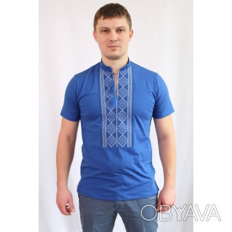 Мужская футболка вышиванка на короткий рукав синего цвета индиго изготовлена из . . фото 1