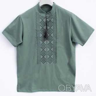 Трикотажная футболка мужская вышиванка зеленого цвета с орнаментом от производит. . фото 1