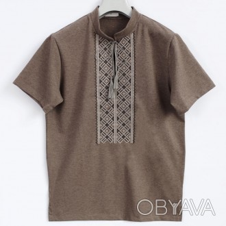 Трикотажная футболка мужская вышиванка коричневого цвета с орнаментом от произво. . фото 1