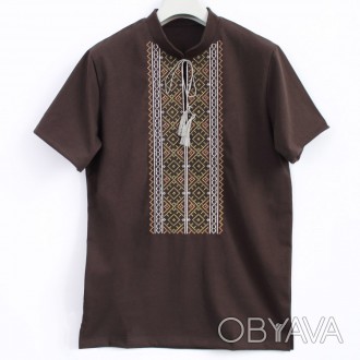 Трикотажная футболка мужская вышиванка с короткими рукавами темно-коричневого цв. . фото 1