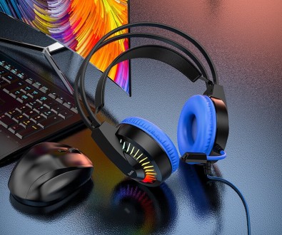 Описание Наушников игровых HOCO W105 Joyful Gaming с микрофоном LED, Черно-голуб. . фото 5