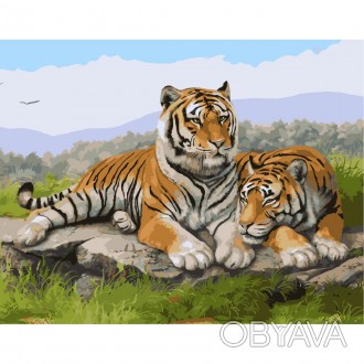 Набір для розпису по номерах Сім'я тигрів 40х50 см з лаком і рівнем TM Strateg 
. . фото 1