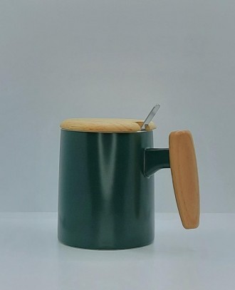 Керамічна чашка "Осло", об'ємом 360мл. з кришкою та ложкою. Колір зелений. Чашку. . фото 7
