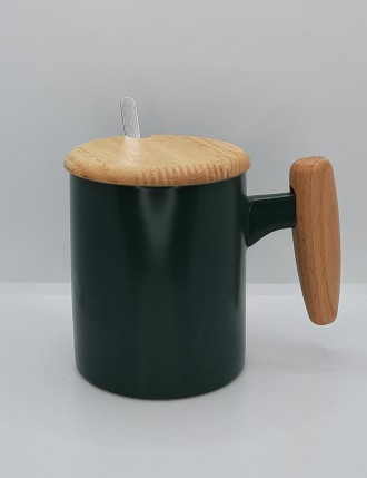 Керамічна чашка "Осло", об'ємом 360мл. з кришкою та ложкою. Колір зелений. Чашку. . фото 4