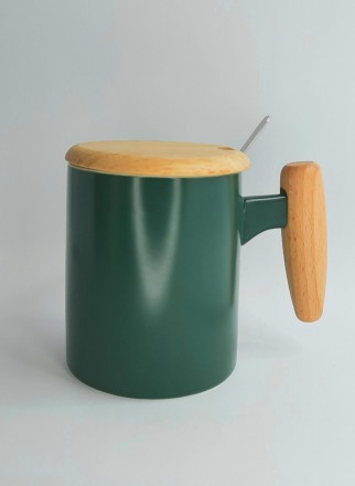 Керамічна чашка "Осло", об'ємом 360мл. з кришкою та ложкою. Колір зелений. Чашку. . фото 3