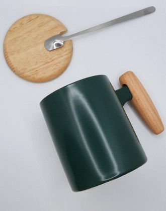 Керамічна чашка "Осло", об'ємом 360мл. з кришкою та ложкою. Колір зелений. Чашку. . фото 6