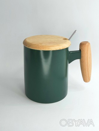 Керамічна чашка "Осло", об'ємом 360мл. з кришкою та ложкою. Колір зелений. Чашку. . фото 1