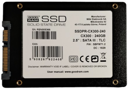 
Твердотельный накопитель SSD 240GB SATA III TLC 2.5" GOODRAM CX300 SSDPR-CX300-. . фото 9