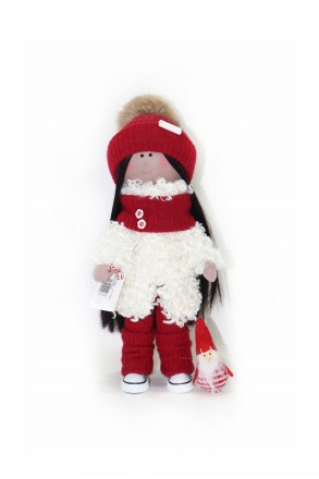 Текстильна лялька ручної роботи в білій шубці Textile dolls червоно-білий  . . фото 3
