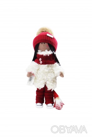 Текстильна лялька ручної роботи в білій шубці Textile dolls червоно-білий  . . фото 1