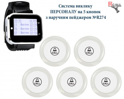 Комплект системи виклику персоналу R-Call на 5 кнопок з пейджерами P-06 і кнопка. . фото 2