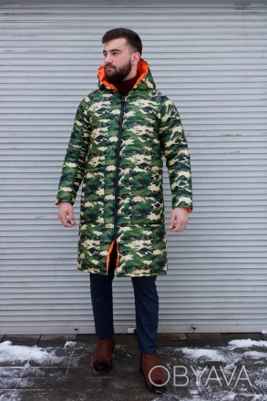 
Куртка пуховик мужская зимняя стеганная зелёная камуфляж с капюшоном удлинённая. . фото 1