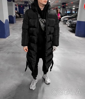 
Пуховик куртка мужская зимняя стеганная черная с капюшоном c ремешками удлинённ. . фото 1