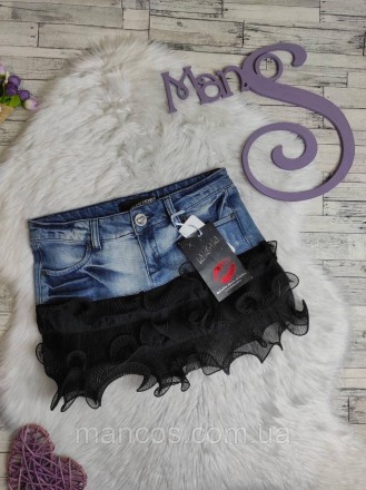 Женская джинсовая юбка Kikiriki синяя c черными оборками из гипюра 
Состояние: н. . фото 2