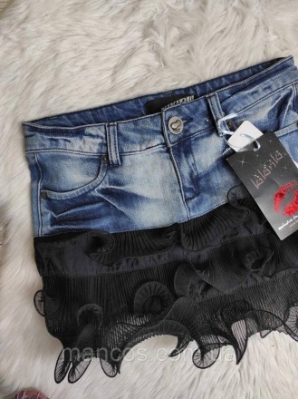 Женская джинсовая юбка Kikiriki синяя c черными оборками из гипюра 
Состояние: н. . фото 3