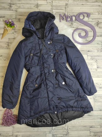 Детская зимняя куртка Via Lattea для девочки темно-синяя с капюшоном удлиненная . . фото 2