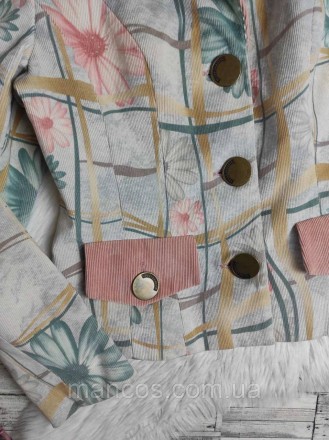 Женский вельветовый костюм комплект пиджак и юбка цвета пудра с цветочным принто. . фото 5