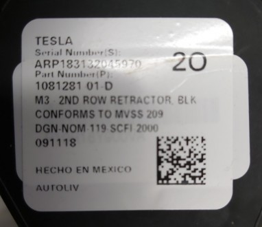 Ремень безопасности 2-го ряда сидений левый правый (BLK) Tesla model 3 1081281-0. . фото 5