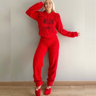 Теплая махровая женская пижама Мяу MEOW красная, костюм для дома и сна штаны с к. . фото 2
