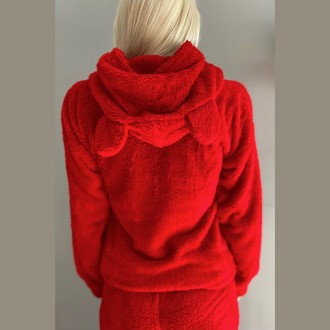 Тепла махрова жіноча піжама Мяу MEOW червона костюм для дому та сну штани з кофт. . фото 4