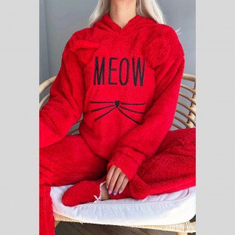 Тепла махрова жіноча піжама Мяу MEOW червона костюм для дому та сну штани з кофт. . фото 5