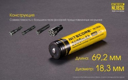 Аккумулятор литиевый Li-Ion 18650 2600mAh от компании Nitecore типа NL1826, тепе. . фото 7