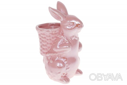 Керамічний кашпо Кролик з корзинкою 21см, колір - рожевий 
Розмір 13.5*10.5*21см. . фото 1