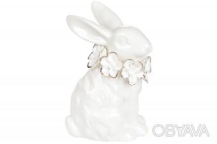 Декоративная фарфоровая фигурка Зайка в цветочном ожерелье 10.5см, цвет- белый с. . фото 1