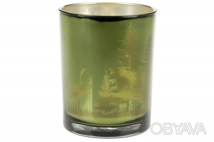 Свічник скляний з малюнком Ліс, колір - трав'яний зелений, 12.5 см
Розмір 10*12.. . фото 1
