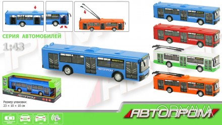 Троллейбус,Автобус инерц. "АВТОПРОМ" 4 цвета, батар.,свет,звук, в кор.32,7*10*10. . фото 1