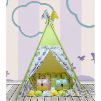 Вигвам в комплекте: Бонбон Салатовые Совы с подушками, детская игровая палатка, . . фото 1