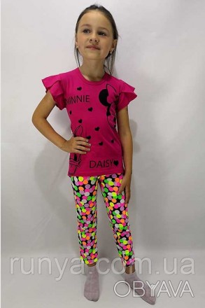 Летний хлопковый костюмчик для девочки "Minni". Комплект состоит с лосин и футбо. . фото 1
