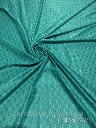  Ткань одёжная зеленый жаккард с сердечками - плотная, мягкая, эластичная и прия. . фото 1
