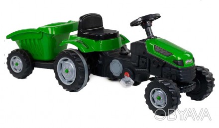 Трактор педальный с прицепом зеленый клаксон на руле сидение регулируемое колеса. . фото 1