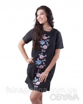 Женское повседневное летнее платье из натурального льна черного цвета с красивой. . фото 1