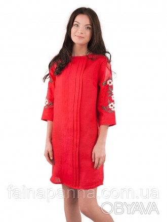 Женское повседневное летнее платье из натурального льна красного цвета 
Классиче. . фото 1