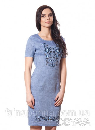 Женское платье голубое из натурального 100 % льна 
Классическая модель платья,сл. . фото 1