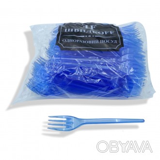 Вилки пластиковые плотные 100 шт Синие Юнита. . фото 1