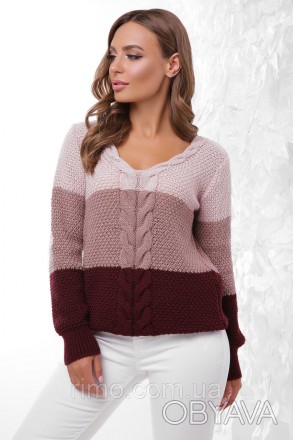 Трехцветный вязаный свитер с V-образным вырезом, длинный рукав, стильное сочетан. . фото 1