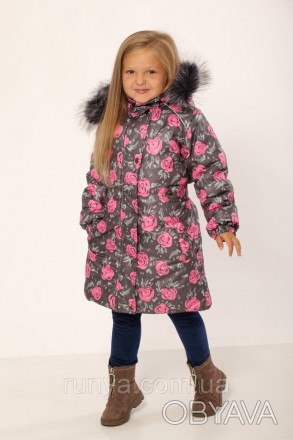 Куртка-пальто зимняя для девочки с капюшоном и искусственной опушкой под чернобу. . фото 1